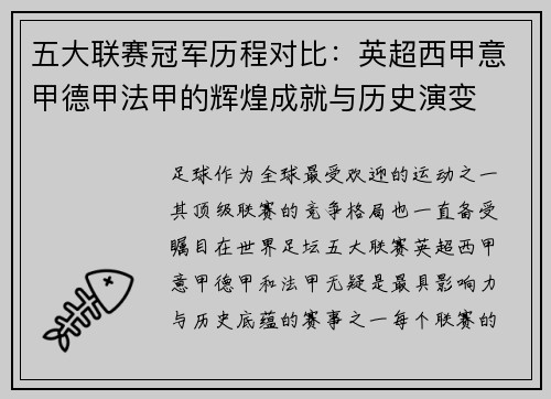 五大联赛冠军历程对比：英超西甲意甲德甲法甲的辉煌成就与历史演变
